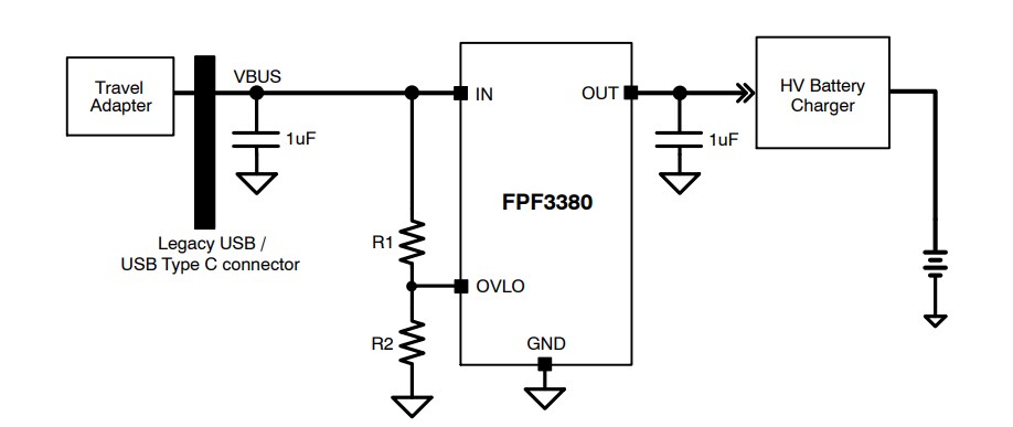 Application Circuit Diagram - onsemi FPF3380UCX Over-Voltage Protection Load Switch